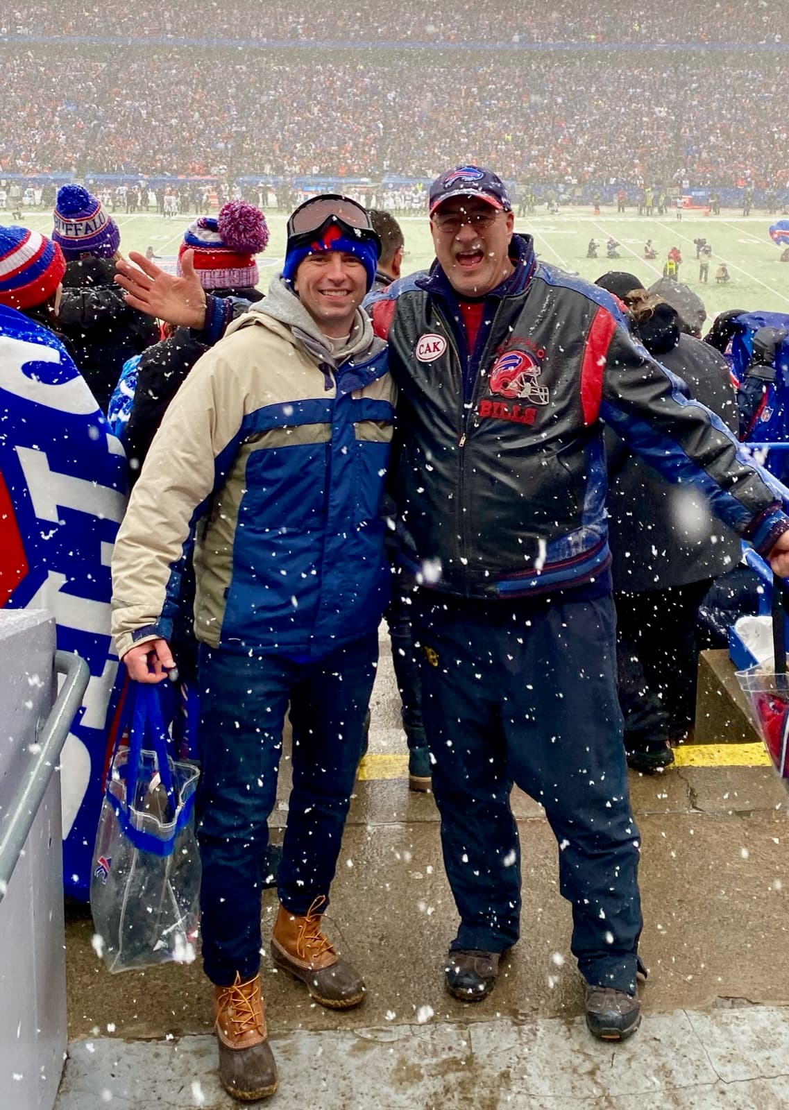 Brett at a snowy Buffalo Bills game at Highmark Stadium